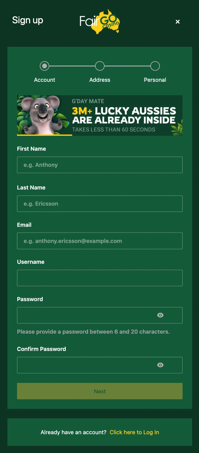Fair-Go-Casino signup page
